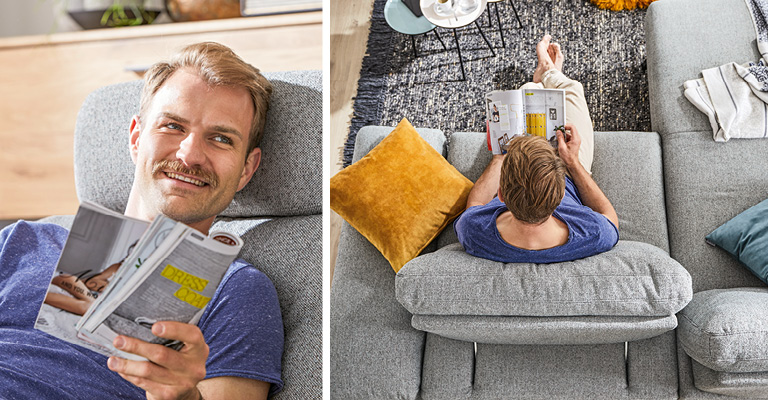 Collage Mann auf Sofa beim Katalogblättern